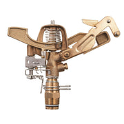 Orbit brass sprinkler front view showing durable metal body and reliable coverage