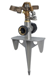Orbit brass impact sprinkler front view showing durable construction and reliable spray
