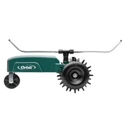 Orbit front view of traveling tractor sprinkler showing sturdy cast-iron body for durability