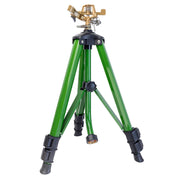 Orbit tripod sprinkler front view showing elevated coverage benefit