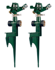 Orbit zinc impact sprinkler front view showing full head and step spike for durable placement