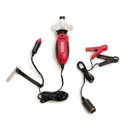 Oregon 12V Sure Sharp front view showing compact portable sharpener and controls, quick sharpening