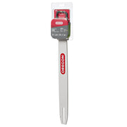 Oregon front packaging showing 18-inch bar and 62-link chain for easy replacement