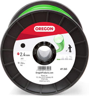 Oregon front spool view showing label and green round trimmer line for easy replacement