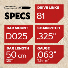 Oregon 20" guide bar side profile showing durable rail and nose design