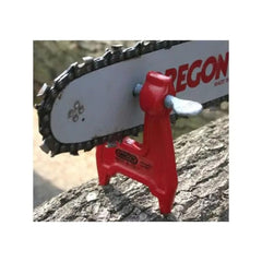 Oregon pocket stump vise driven into stump with guide bar clamped for stable in-field filing
