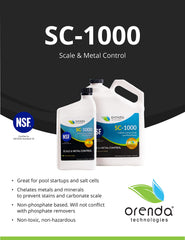 Orenda SC-1000 one-gallon bottle next to a tape measure showing size and dosing convenience