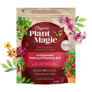 Organic Plant Magic front packaging showing compact 2 lb bag and product name, space-saving benefit