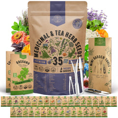 Organo Republic front pack display showing 35 labeled seed packets and variety benefits