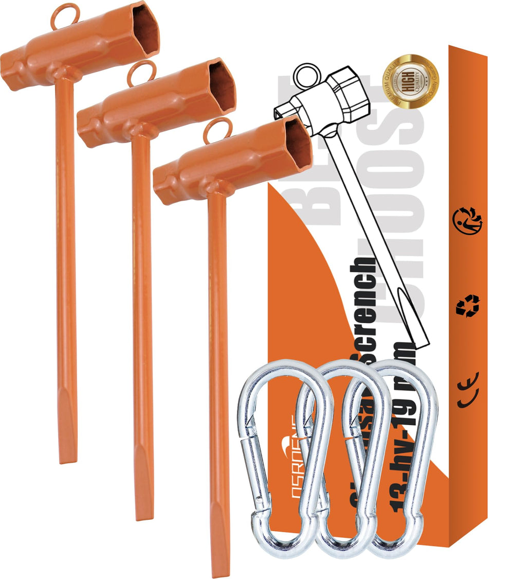 OSROENE front view of three orange chainsaw wrenches showing packaging and sizes for easy selection