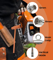 OSROENE scrench being used to tighten a chainsaw bar nut demonstrating leverage and control