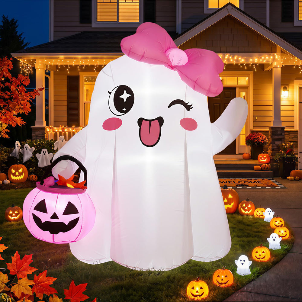 OurWarm inflatable ghost front view showing friendly wink and pumpkin, inviting curb appeal