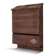 Outer Trails bat house front view showing brown cedar and two-chamber entrance for shelter benefits