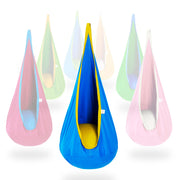 OUTREE front view of pod swing showing shape and entrance, comfortable seating benefit