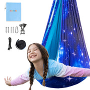 OUTREE sensory swing front view showing cozy enclosed seat and calming benefit