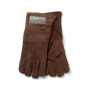 Outset front view of brown leather gloves showing full protection