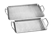 Outset front view of both grill topper grids showing sizes and finish for versatile grilling