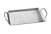 Outset stainless steel grill topper front view showing compact 11x7 cooking area and handles for easy lifting