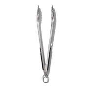 OXO front view of grilling tongs showing full length and design benefit safety