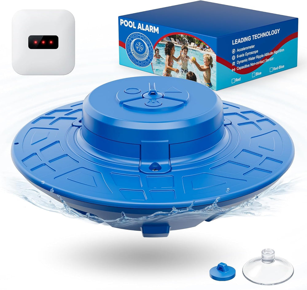 Oysnid front view floating pool alarm showing bright blue housing and visibility benefit