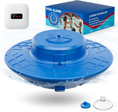 Oysnid front view floating pool alarm showing bright blue housing and visibility benefit