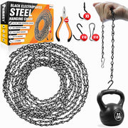 PAMAZY front view of hanging chain kit showing complete contents and benefit of ready-to-install hardware