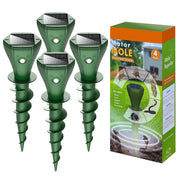 Parquet front view of four solar pest repeller stakes showing compact design and easy placement