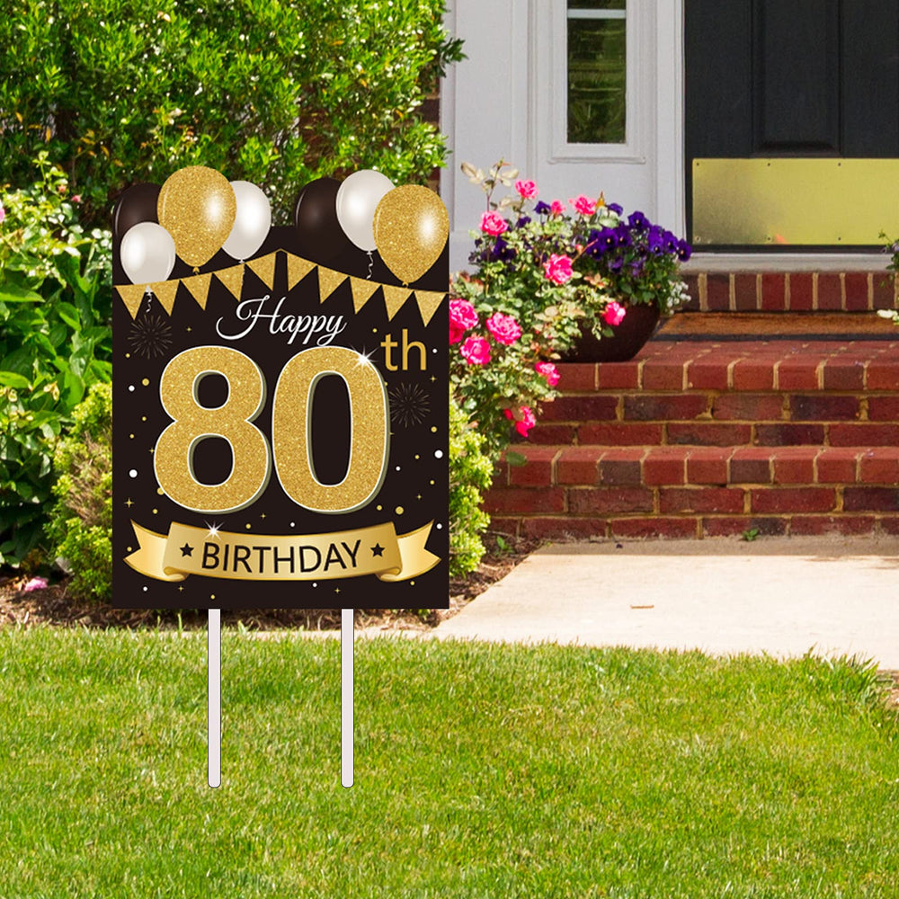 party greeting front view of 80th yard sign shows bold black and gold for visibility