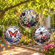 Patelai front view of three suncatchers showing colorful designs and included hangers