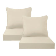 PatioGlow front view of two khaki cushions on outdoor sofa showing neat fit and comfort