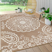 Pauwer front view of 5x8 boho brown outdoor rug showing full pattern and size benefit
