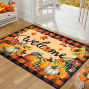 Pauwer front view fall door mat showing welcoming plaid and leaves
