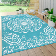 Pauwer front view of boho teal rug showing full 5x8 coverage and style benefit