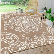 Pauwer front view of boho brown rug showing pattern and size benefit