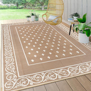 Pauwer rug front view showing bordered beige design and durable look