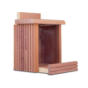 Pennington cedar snacker front view showing rustic feeder and accessible lid benefit