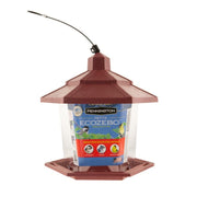 Pennington front view showing recycled feeder attracting birds