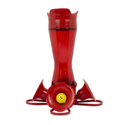 Perky-Pet front view showing red glass feeder and base attracts birds