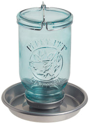 Perky-Pet front view of blue mason jar waterer shows vintage look and curb appeal