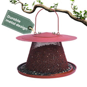 Perky-Pet front view showing red feeder attracting birds and clear seed access