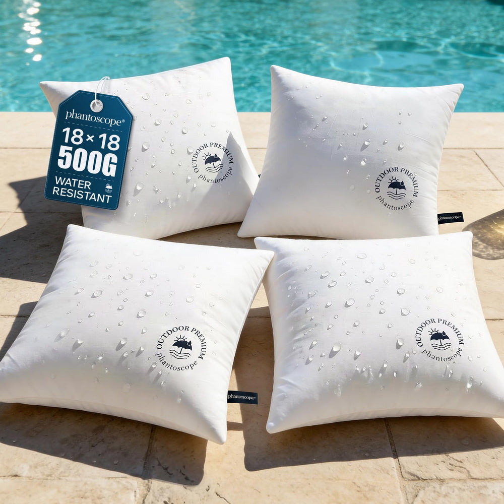 Phantoscope front view of 4-pack pillows showing neat, plump cushions and durable finish