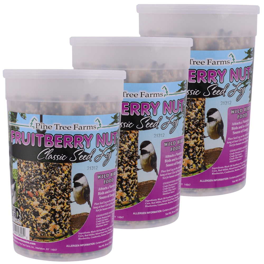Pine Tree Farms front pack showing three 28 oz. logs attracting birds