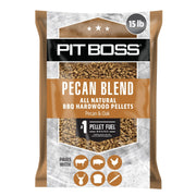 Pit Boss 15 lb bag front view showing branding and pecan blend benefits