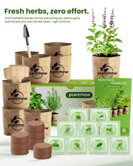 PLANTMEW close-up of nine herb seed packets and markers for easy planting
