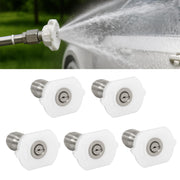 Podoy front view of five white 40 degree nozzles for quick identification and selection