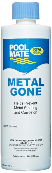Pool Mate front label showing Metal Gone bottle and usage benefit