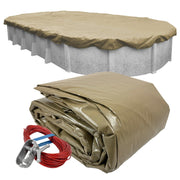 Pool Mate front view of packaged 18x33 platinum sandstone cover showing product and size