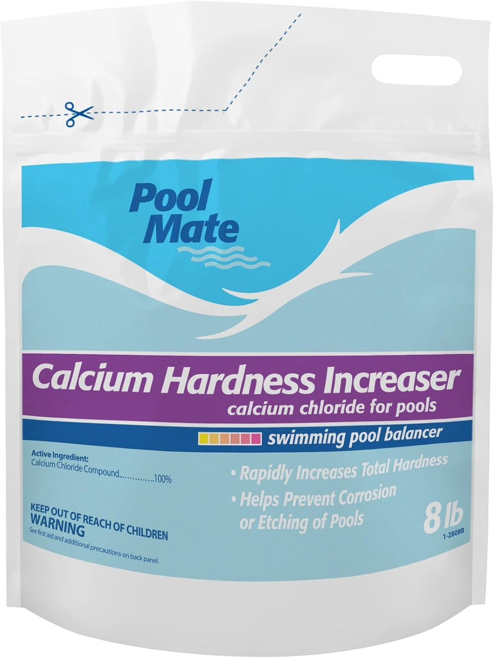 Pool Mate front packaging showing 8-pound container and clear label benefits