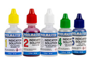 Poolmaster front view of all five reagent bottles showing clear labels and sizes benefit accurate restocking