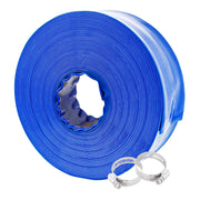 Poolvio front view of coiled blue backwash hose showing length and included clamps for secure attachment